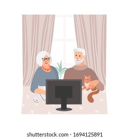 Studying computer by elderly people concept. Technology spread, remotely education, active social life, online communication, senior couple learning to use PC together. Online shopping. Vector