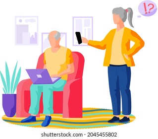 Studying computer by elderly people concept. Technology spread, oldster education, active social life, online communication, senior couple with tablet, learning to use PC, have difficulty with gadget