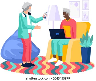Studying computer by elderly people concept. Technology spread, oldster education, active social life, online communication, senior couple with tablet, learning to use PC and smartphone together