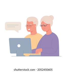 Studying computer by elderly people concept. Technology spread, oldster education, active social life, online communication, senior couple with computer, learning to use PC together.