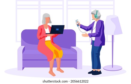 Studying computer by elderly people. Technology spread, oldster education, active social life, online communication, senior couple with tablet, learning to use PC and communicate with smartphone