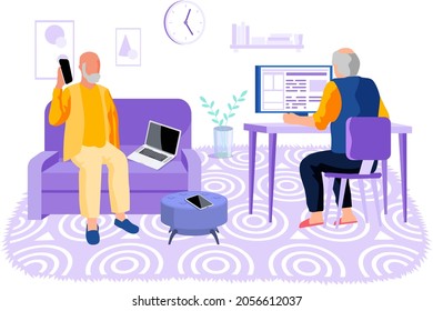 Studying computer by elderly people concept. Technology spread, oldster education, active social life, online communication, senior couple with tablet, learning to use PC and smartphone together