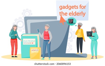 Studying computer by elderly people concept. Technology spread, oldster education, active social life, online communication, senior with tablet, learning to use PC, have difficulty with gadget