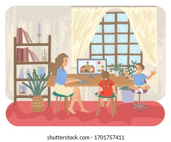 Studying at the computer at home. lesson at home. Watch cartoons, education, children's Internet. Homework and hobbies. Studying during quarantine the coronovirus pandemic. Vector illustration