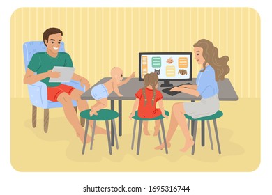 Studying at the computer at home. Tutor at home. Watching cartoons, children's education, children's Internet. Homework and hobbies. Mom, father and daughter, baby. Vector illustration