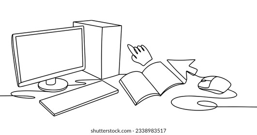 Studying computer science at school. Computer work. Knowledge Day. International Literacy Day. One line drawing for different uses. Vector illustration.