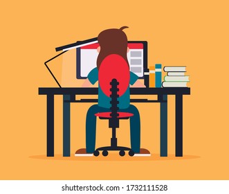 Studying at the computer, vector flat illustration.