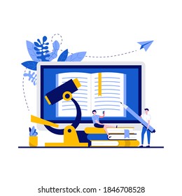 Studying concept with character, microscope, computer. Student reading together and sitting on pile of books in university or school library. Modern flat style for landing page, hero images.