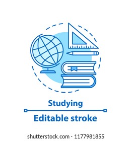 Studying concept icon. School education idea thin line illustration. Learning. Gaining knowledge. Vector isolated outline drawing. Editable stroke