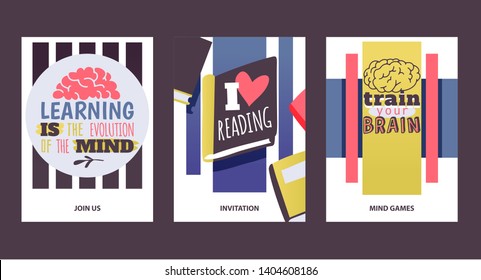Studying concept. Learningis the evolution of the mind. I love reading. Train your brain. Motivation cards vector illustration. Join us. Invitation. Mind games. Literature. Interesting books.