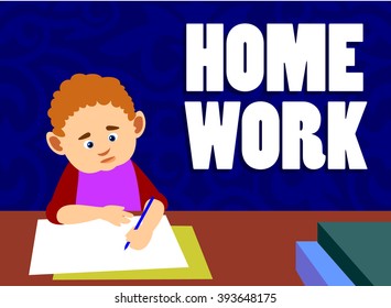 Studying confused boy sitting on table. Vector Illustration.
