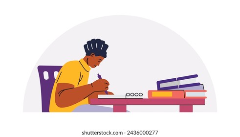 Studying at desk. Vector illustration of a focused person writing notes with books on table