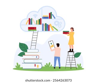 Studying ebooks, method of virtual training for higher education. Tiny people download knowledge archives, students learn with books from cloud storage library shelf cartoon vector illustration