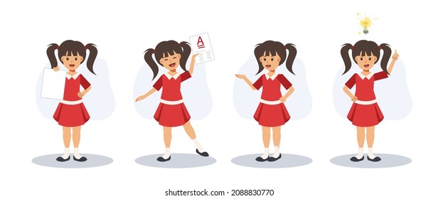 Studying, Education concept.At school,Young little cute girl in various pose, happy to got a good score. Flat vector 2D cartoon character illustration.