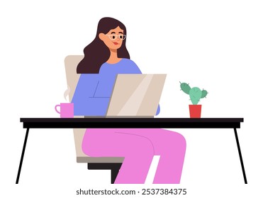 Estudando e conceito de educação. Jovem mulher trabalhando no laptop. Freelancers Workplace com PC e Copa. Ilustração de vetor plano.