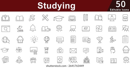 Studying Education Icon Set - 50 Editable Academic Learning Icons for School, University, Online Courses and Student Resources Vector Collection