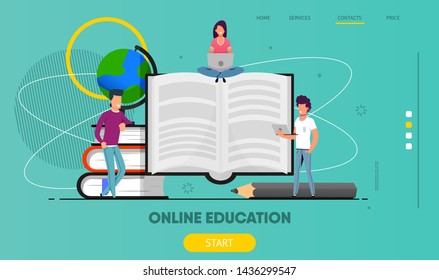 studying and education Landing Page  with Flat People Characters. Library, online bookstore. Website Template. Vector illustration.