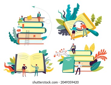 Studying and education, people with books and publication making research. Students reading and preparing for exams or lectures, intelligence and scientific search. Vector in flat style illustration