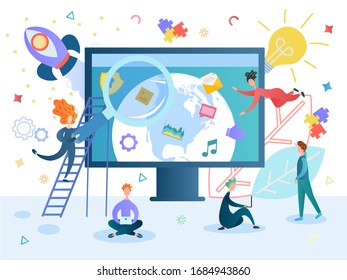 Studying, education, working and chatting online conceptual vector illustration. Planet earth on a computer monitor with social media and business symbols, office workers work as a team on a startup