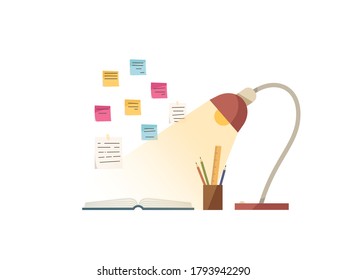 Studying for exam atmosphere with open book, lamp, stationary and sticky notes. Concept of reading book for test, homework, learning vibe, diligence, examination, light. Flat vector illustration.