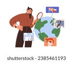 Studying, exploring world news, learning worldwide information, discovering different countries. International knowledge, geopolitical education. Flat vector illustration isolated on white background