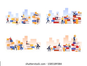 Studying finance set. Students sitting using computers near stacks of books and money. Flat vector illustrations. Business, education, knowledge concept for banner, website design or landing web page