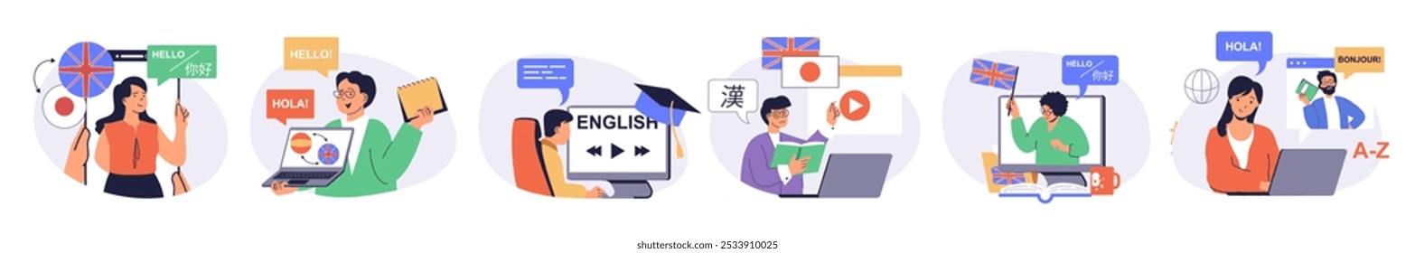 Studying foreign language concept set with characters in flat design for web. People learning english, spanish, japanese or other at online course or video, talking with natives. Vector illustrations.