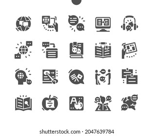 Studying of foreign language. Message translation. Dictionary. Foreign languages. Knowledge, lesson, study and education. Vector Solid Icons. Simple Pictogram