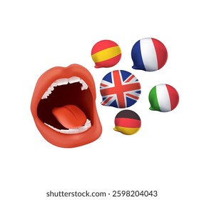 Studying foreign language online. Multilingual translation or support. Digital education, elearning concept. 3D graphic vector illustration isolated on white background