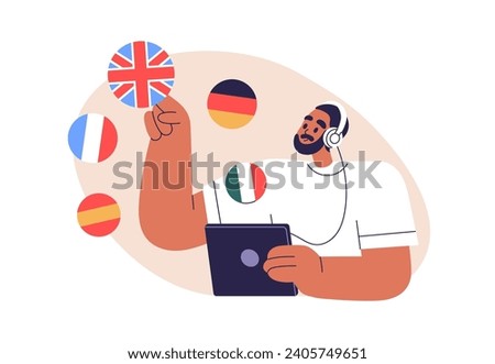 Studying foreign language online. Student choosing English course to learn in internet school. Digital education, elearning concept. Flat graphic vector illustration isolated on white background