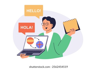 Studying foreign language online web concept with flat cartoon people for website design. Man learning english and spanish with video course, doing lesson trainings at laptop. Vector illustration.