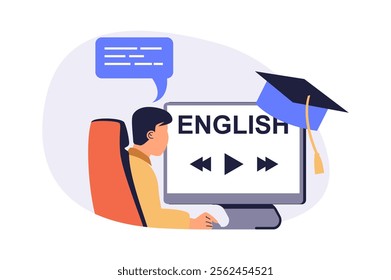 Studying foreign language online web concept with flat cartoon people for website design. Man learning english with internet course, watching video at computer, gets vocabulary. Vector illustration.