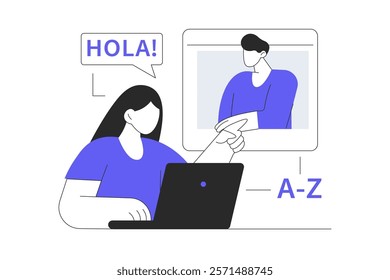 Studying foreign language online web concept. Woman learning new languages, watches video with teacher at laptop, talking with native. Flat Cartoon Vector Illustration, icon. Stylish abstract