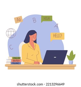 Studying foreign language. Woman learning language online. School foreign language. Vector cartoon illustration