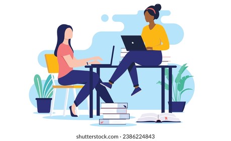 Studying friends - Two female women students working together with schoolwork at desk using laptop computers. Education concept in flat design vector illustration with white background