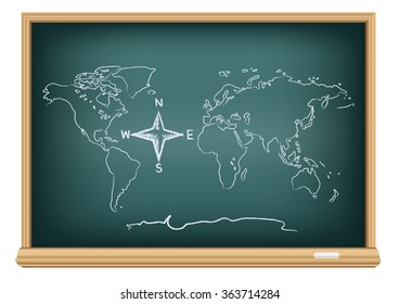 Studying geography map. Drawing world and compass wind rose on education blackboard on a white background. The arrows directions shows North South East West