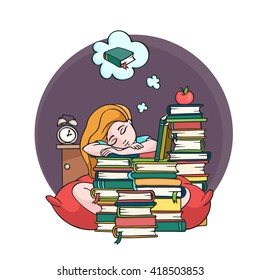 Studying girl fall asleep on books. Vector illustration 