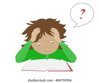 Studying girl. Funny reading student. Flat cartoon vector of thinking schoolgirl. Dont understand.