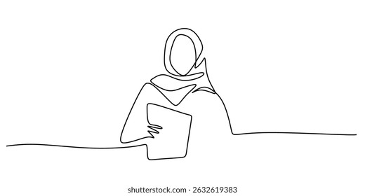 Studying girl in hijab single line drawing. Islamic woman focused learning. Education knowledge modern symbol.