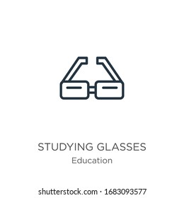 Studying glasses icon. Thin linear studying glasses outline icon isolated on white background from education collection. Line vector sign, symbol for web and mobile
