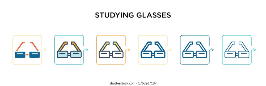 Estudiar el icono vectorial de gafas en 6 estilos modernos diferentes. Negro, dos coloridos iconos de gafas de estudio diseñados en el estilo relleno, contorno, línea y trazo. La ilustración vectorial puede utilizarse para la web, 