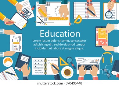 Studying group of students at the table. Students brainstorm. Learning process. Concept education. Vector illustration flat design style. University, school at the desk.