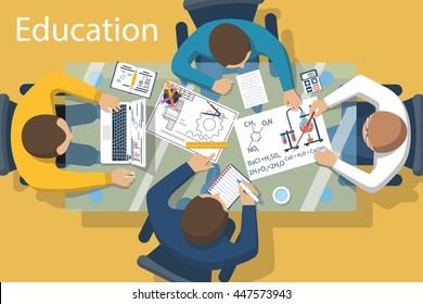 Studying group of students at the table. Brainstorm, learning process. Concept education. Vector illustration flat design style. University students, school at the desk.