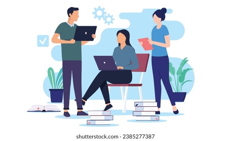 Studying group - Young team of student people working together on school work using books and laptop computers. Education and learning concept in flat design vector illustration with white background