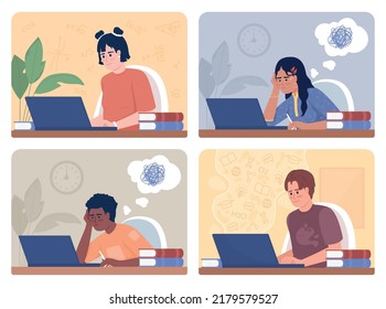 Studying at home 2D vector isolated illustration set. Students with laptop flat characters on cartoon background. Self study. Colourful editable scene collection for mobile, website, presentation