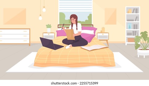 Studying at home flat color vector illustration. Online school. Happy girl doing paper assignment with laptop in bed. Fully editable 2D simple cartoon characters with bedroom on background