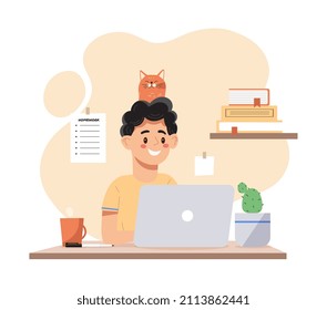 Estudiando en casa. El tipo sentado en la laptop con un gato en la cabeza. Mascotas con el dueño. Tecnologías modernas, Internet y aprendizaje a distancia, estudiantes haciendo deberes. Dibujo vectorial plano de dibujos animados