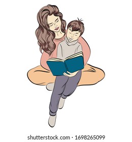 studying at home, mother and child read, helping children in self-education, family. vector illustration
