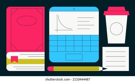 Estudiar a partir de la ilustración de concepto del vector del hogar. Portátil con libros, notas, taza de café y lápiz. Educación en línea. Hacer los deberes y preparar el concepto de exámenes. Sencillo diseño de dibujos animados coloridos.