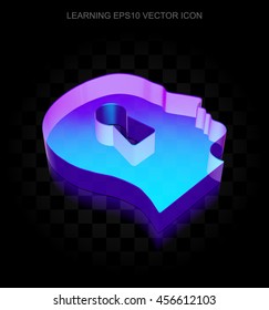 Studying icon: 3d neon glowing Head With Keyhole made of glass with transparent shadow on black background, EPS 10 vector illustration.